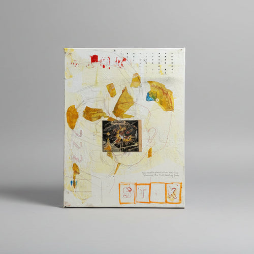 Artistic piece with abstract designs and text on a concrete surface.