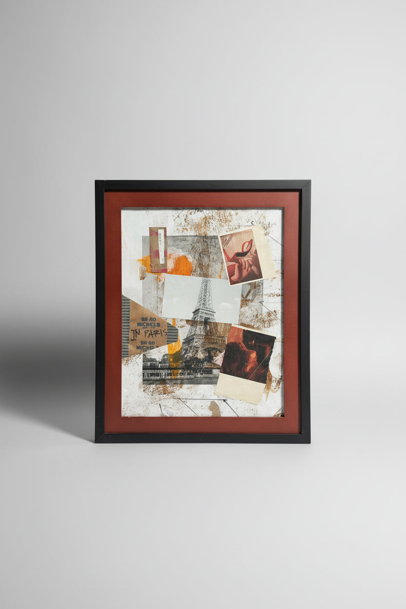 Framed collage art piece on a sidewalk with a brick building in the background